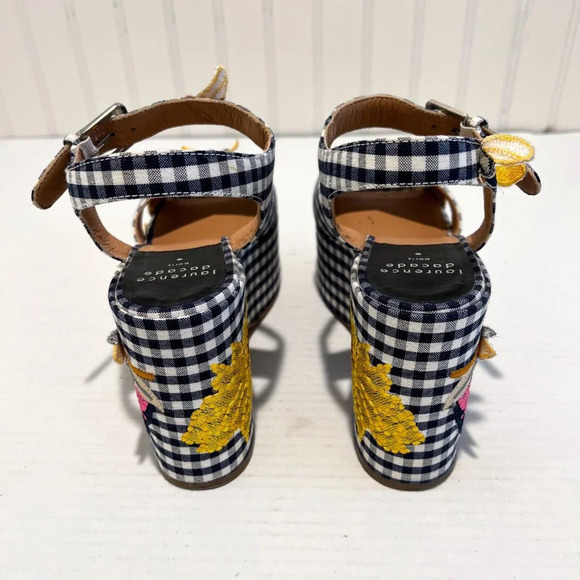 Laurence Dacade Helissa Navy Gingham Floral Embroidered Preppy Wedge Heels 39 - Picture 8 of 10